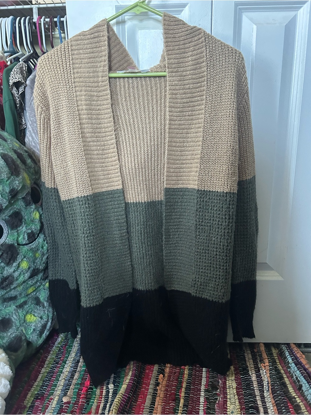 No Boundaries Beige Olive and Black Open-Front Colorblock Cardigan